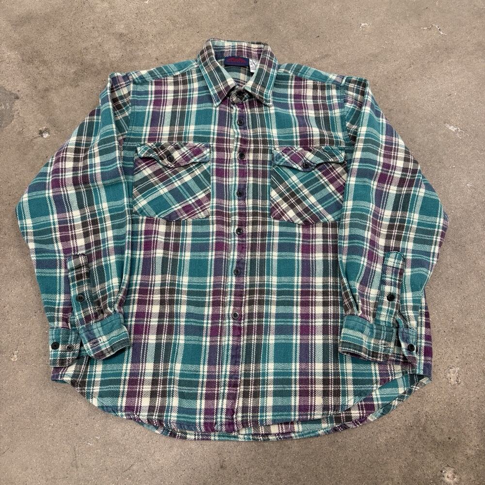 VINTAGE DAKOTA OUTDOORS HEAVYWEIGHT COTTON BLUE PURPLE FLANNEL BUTTON UP SHIRT L